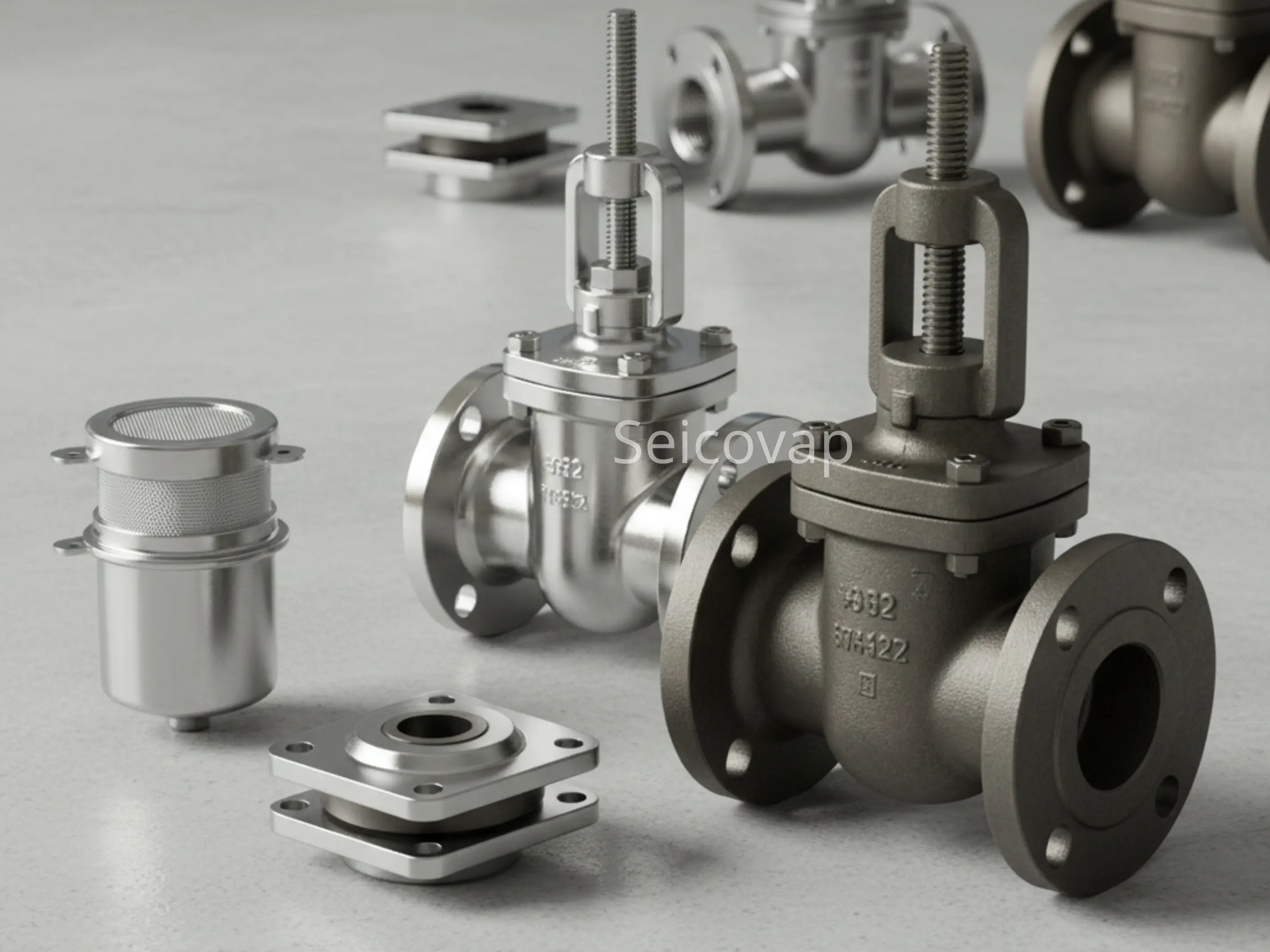 Clapets, crépines, filtres, manchons antivibratoires, compensateurs de dilatation